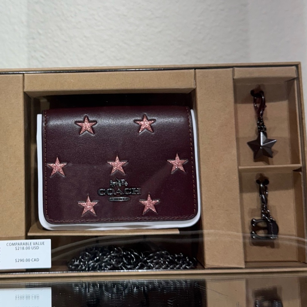 Coach Burgundy Pink Stars Mini Wallet on Chain